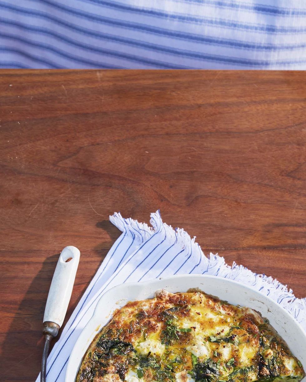 cheesy frittata with spring greens and shallots