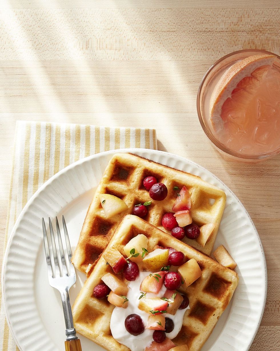 overnight yeasted waffles with sautéed apples, pear cranberries
