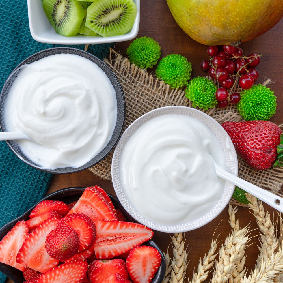 healthy breakfast with fresh greek yogurt on background