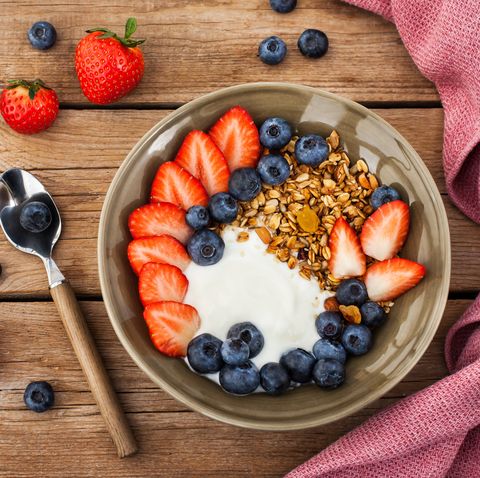 healthy breakfast  with homemade granola, yogurt and fresh berries
