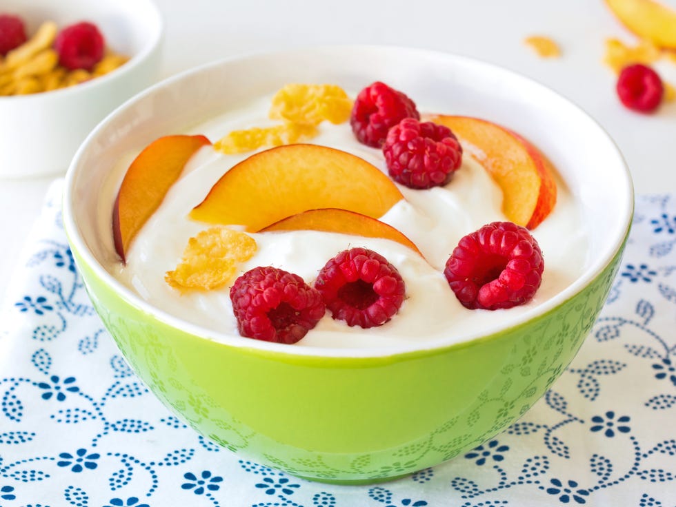 healthy breakfast, yogurt and fruits