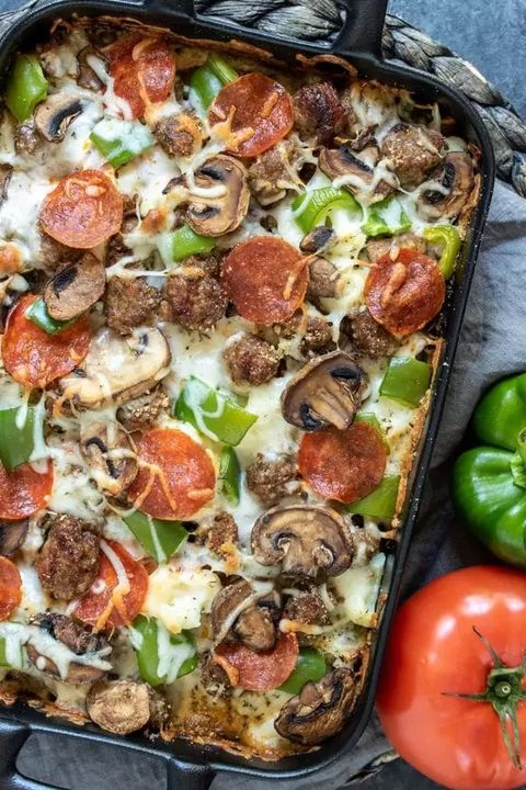 low carb pizza casserole with peppers mushrooms and pepperoni