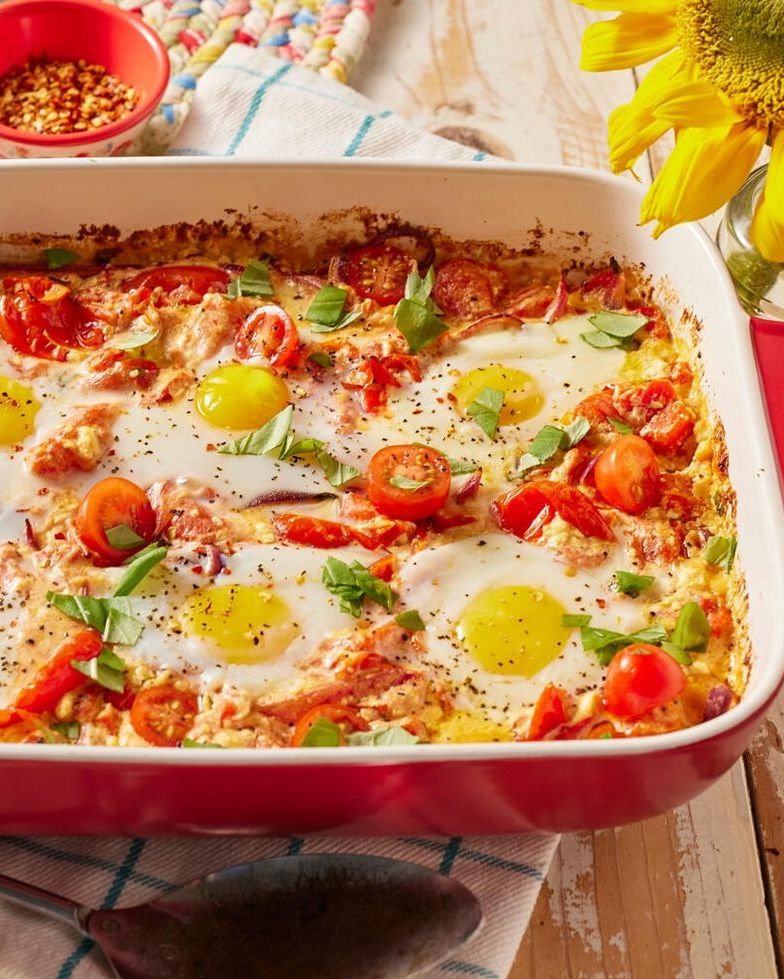 baked feta egg casserole in red dish