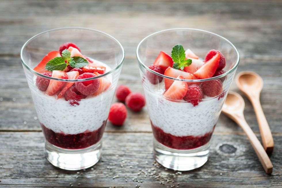 healthy chia pudding with red berries