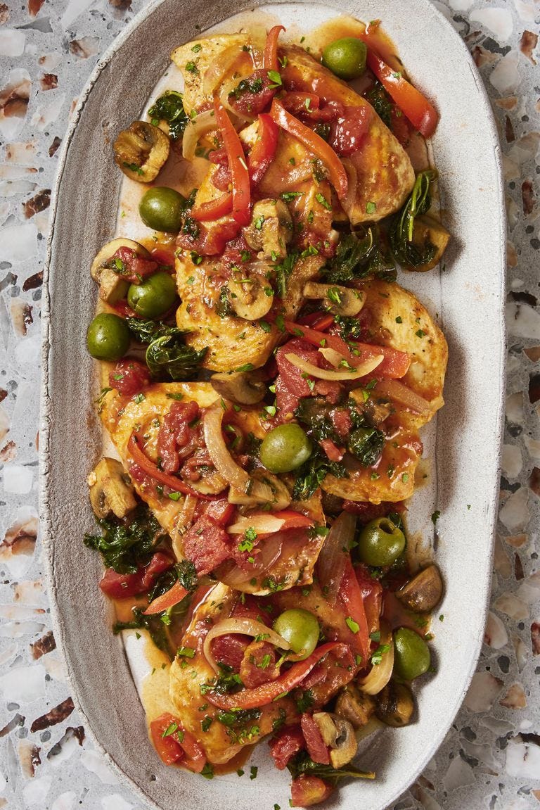 a platter with chicken cacciatore