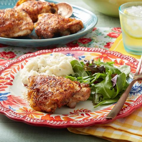 air fryer chicken thighs with salad and mash