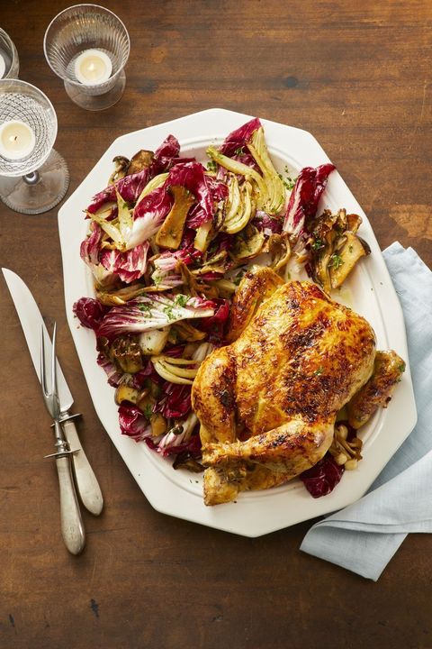 orange ginger roast chicken with fennel and radicchio salad on a white plate