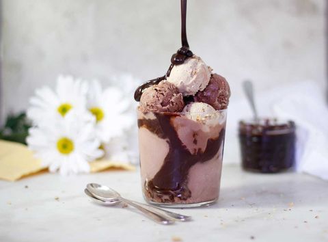 chocolate blender ice cream in glass cup with hot fudge