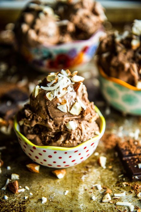dairy free chocolate almond joy ice cream in polka dot bowl