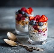 healthy dessert with chia seeds, blueberries, strawberries, raspberries and granola horizontal