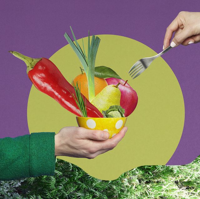 collage of hands eating fruit and vegetables