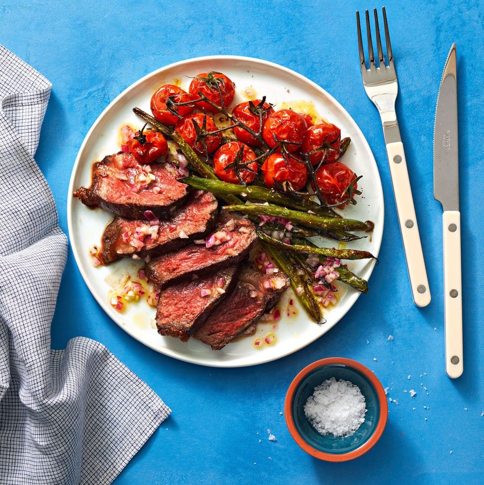 seared steak blistered tomatoes green beans as a side