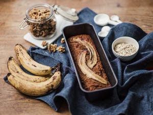 healthy food vegan banana bread and ingredients