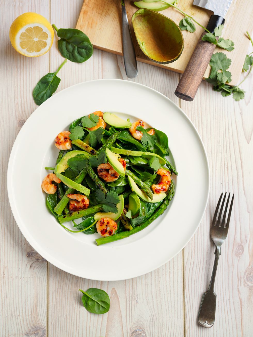 healthy green salad with grilled king prawn