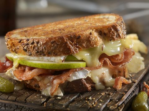 grilled cheese sandwich with bacon, brie and pear on whole grain artisan bread
