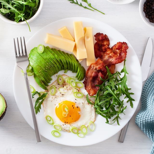 healthy keto breakfast egg, avocado, cheese, bacon