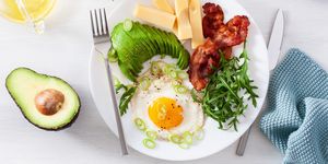 healthy keto breakfast egg, avocado, cheese, bacon