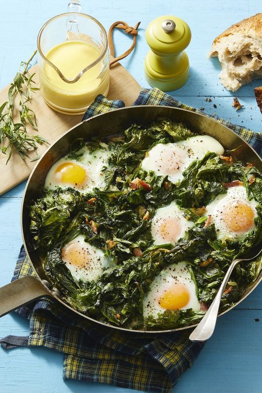 healthy lunch ideas skillet eggs with mustard greens and hollandaise