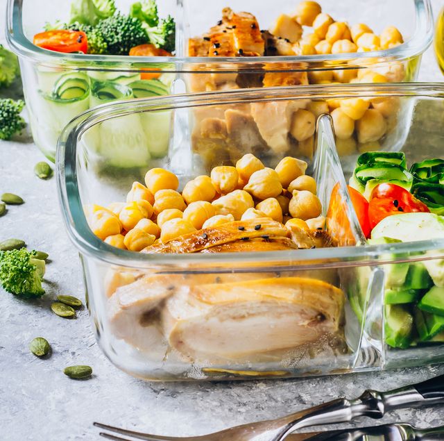 healthy meal prep containers chicken and fresh vegetables