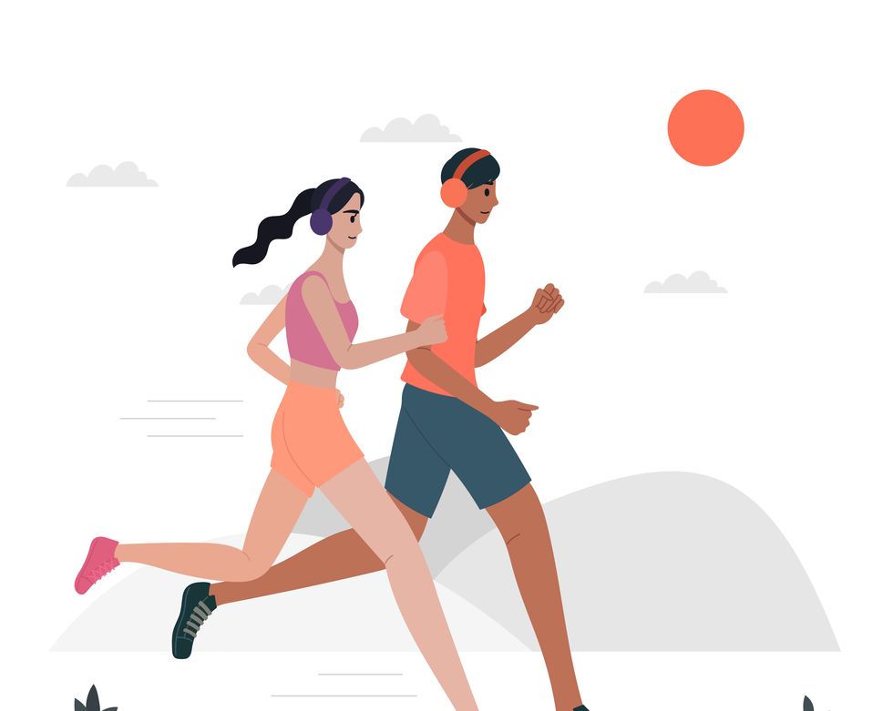 healthy people in sportswear, exercise with running on the street in the morning athletes practice running to compete in a marathon active young male and female practice workout in fitness for healthy body sport, health, people lifestyle