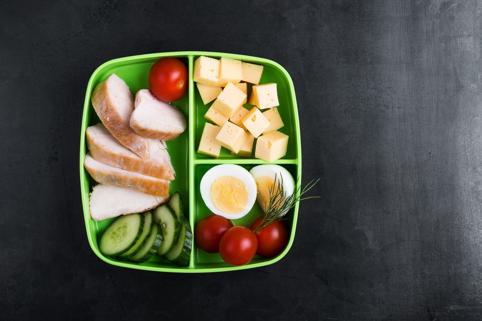healthy protein snack box with chicken breast, cheese, hardboiled eggs