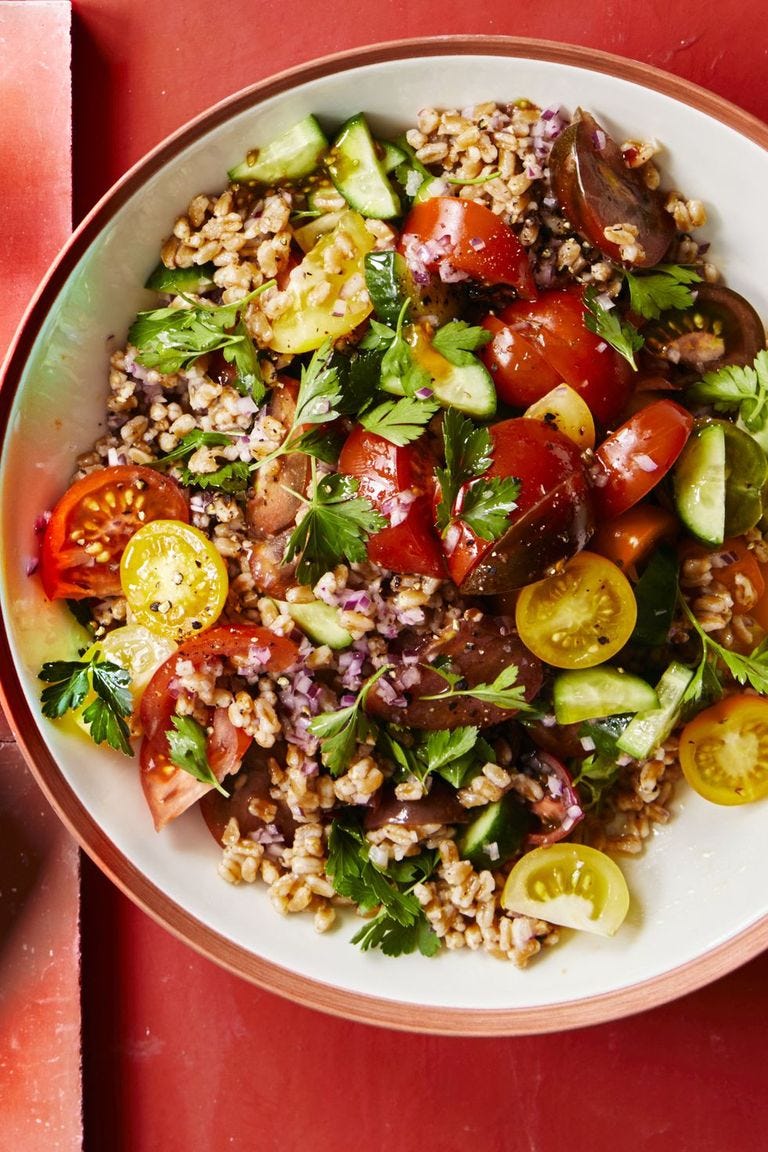 romantic dinner tomato and cucumber farro salad