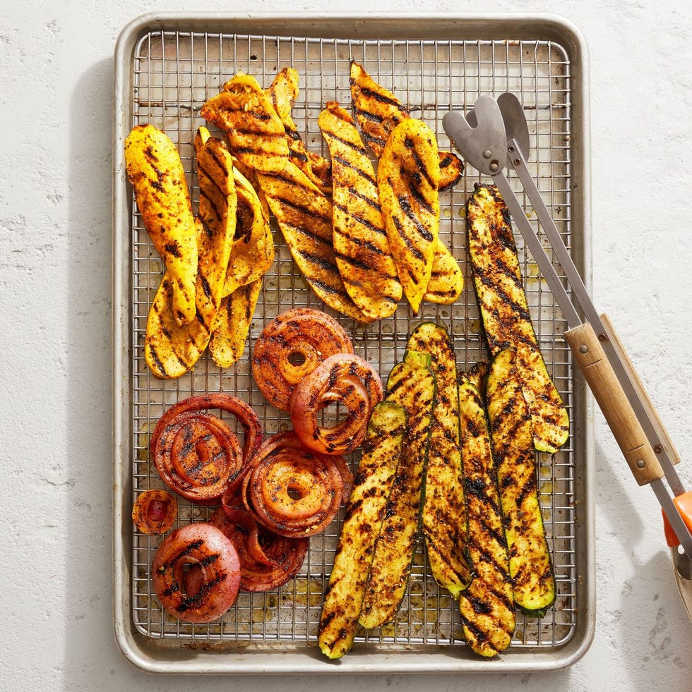dry rubbed grilled veggies on a sheet pan