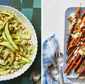a plate of roasted carrots and a bowl of farro