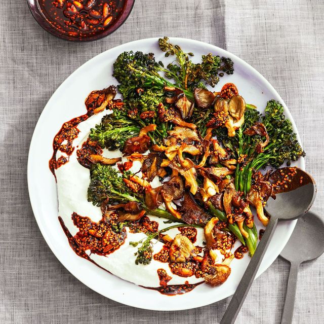 healthy side dishes roasted broccolini and mushrooms with salsa macha