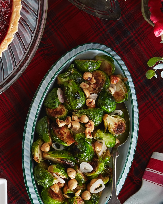 brussels sprouts with pickled shallots and hazelnuts