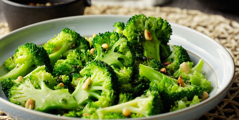 healthy vegan broccoli salad with pine nuts