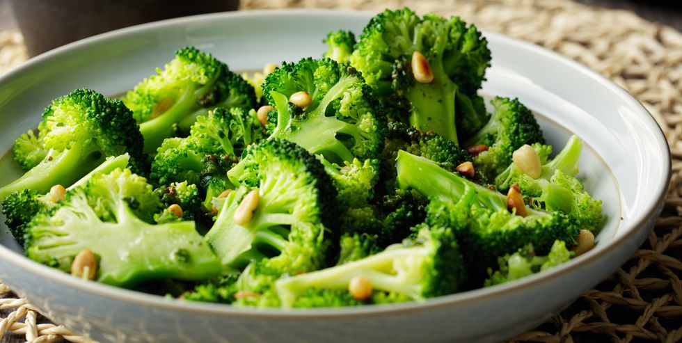 healthy vegan broccoli salad with pine nuts