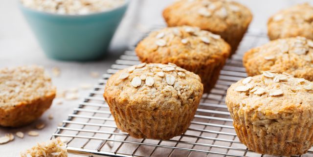 Healthy vegan oat muffins, apple, banana cakes on cooling rack