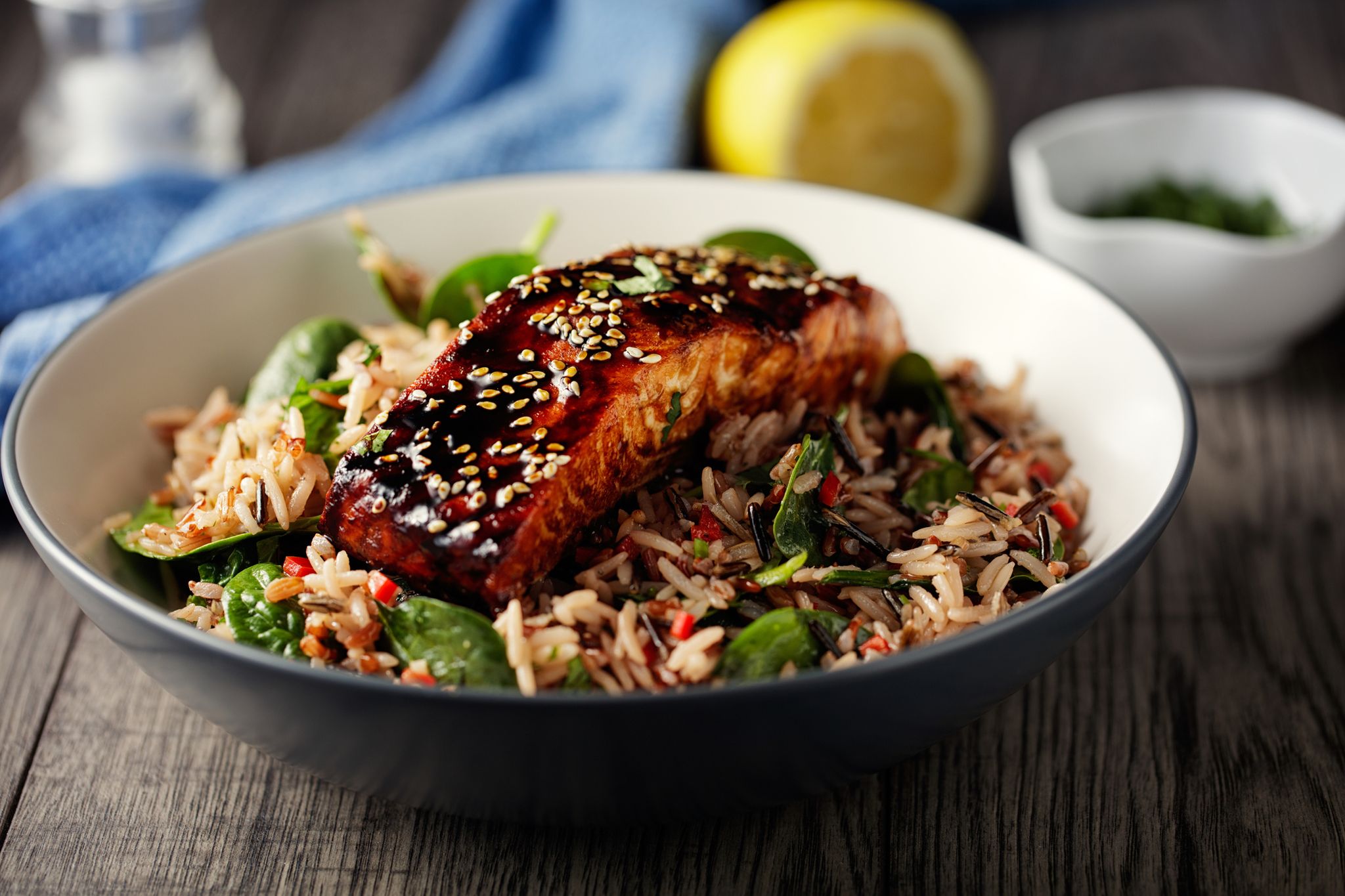 healthy wild rice salad with grilled teriyaki salmon fillet