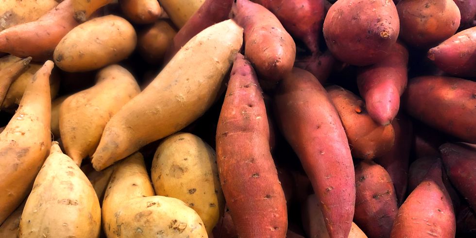 heaps of fresh organic white  sweet potatoes at market