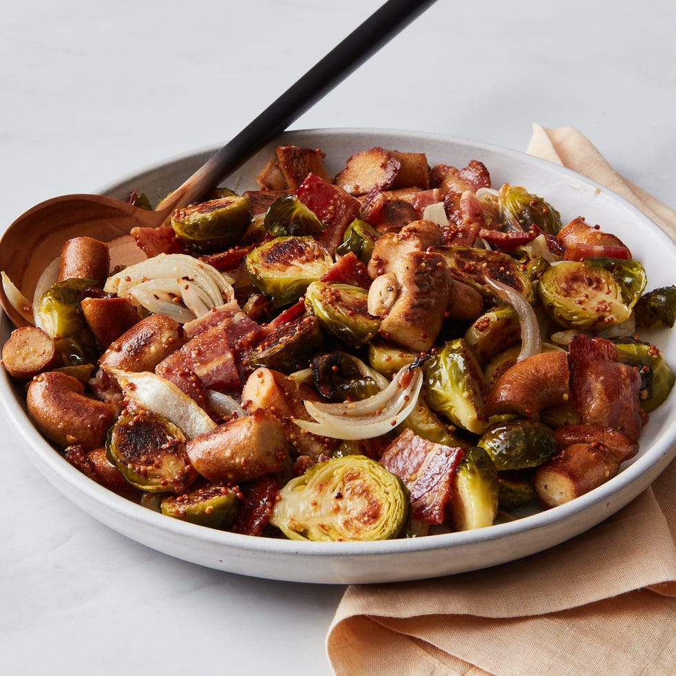 bowl of roasted brussels sprouts and sausage