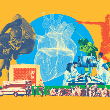 collage of athletes, doctors, and crowds surrounding a wired outline of an anatomical heart