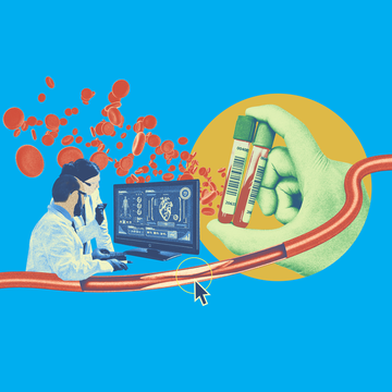 collage of lab scientists reading a computer monitor with blood tests and blood cells in the bakground