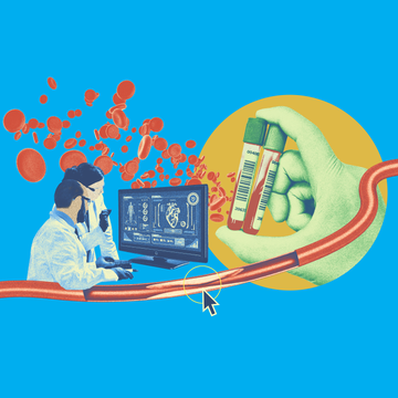 collage of lab scientists reading a computer monitor with blood tests and blood cells in the bakground