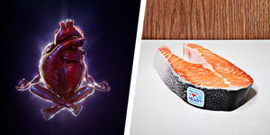 meditating heart on left side cut of salmon on right