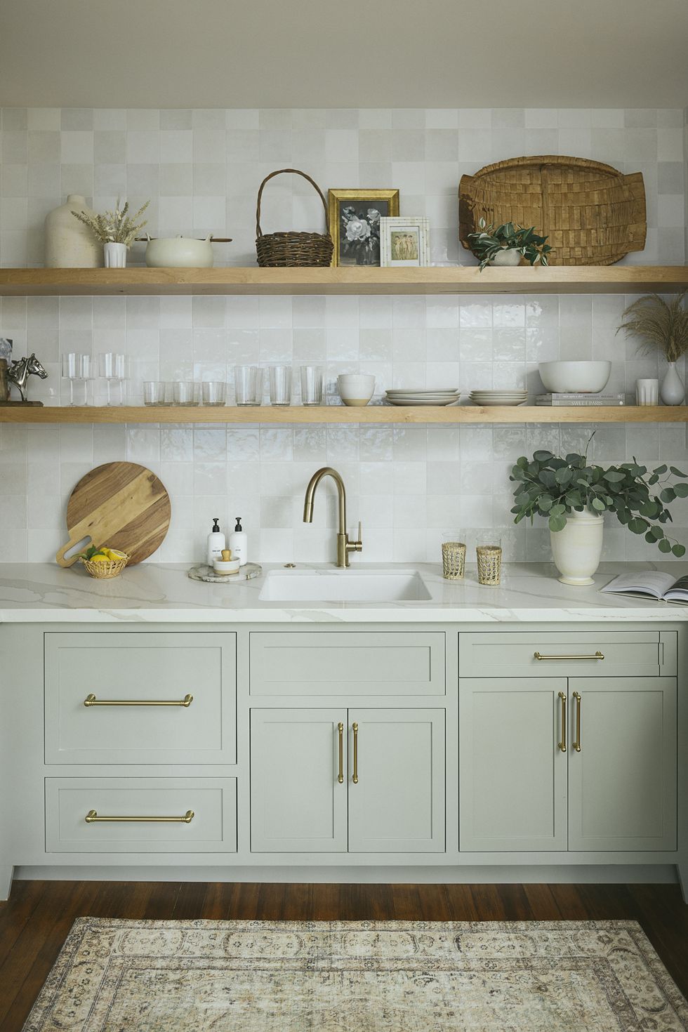 Green Kitchen Cabinets with Gray and Gold Marble - Contemporary - Kitchen