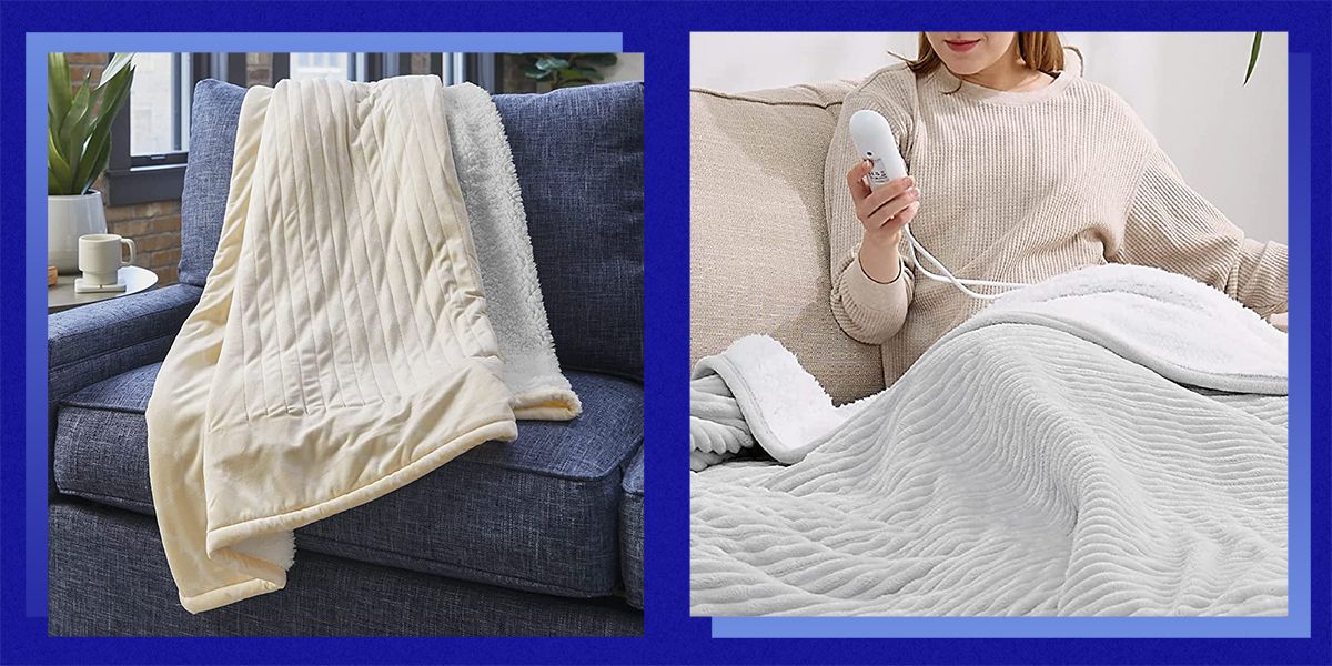 woman pressing buttons on heated blanket controller on couch