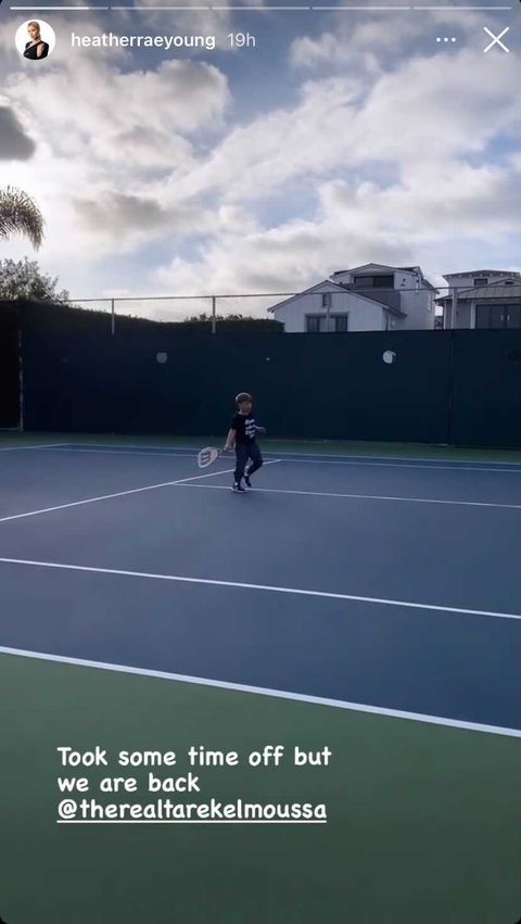 heather rae young instagram story shows her playing tennis with tarek el moussa's son