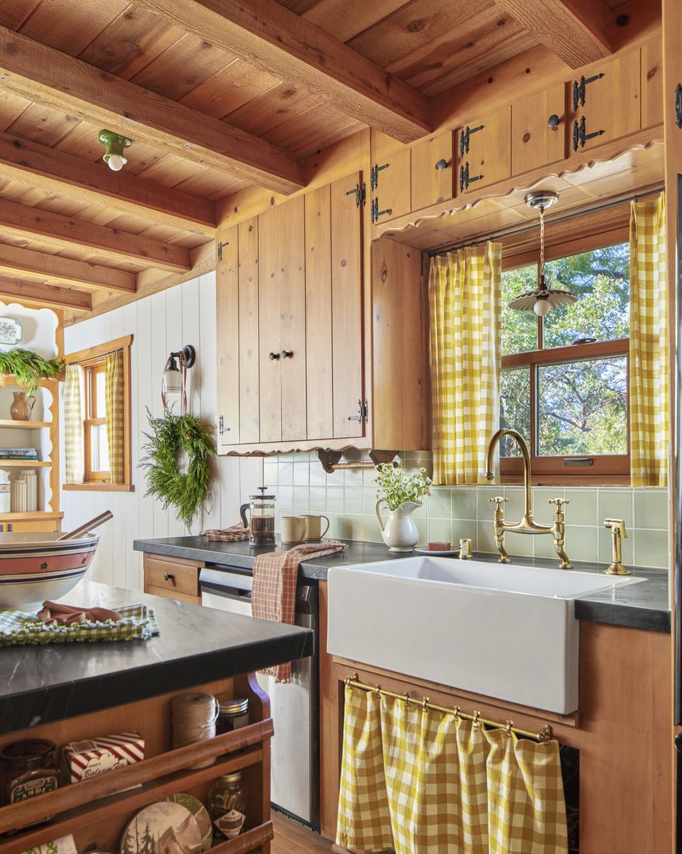 the california kitchen of designer heather taylor with gingham skirt beneath sink