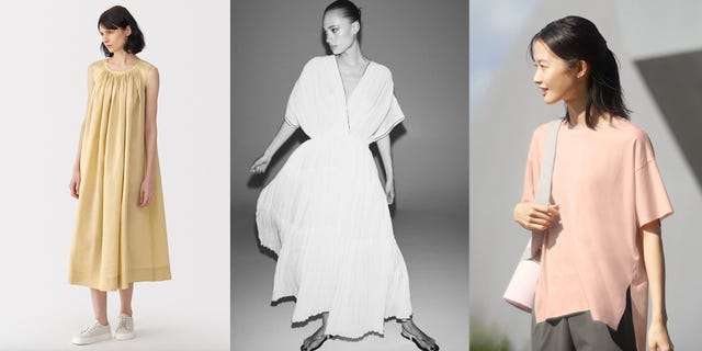 three distinct outfits displayed on models featuring a yellow dress a white dress and a pink top