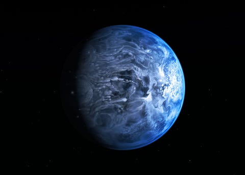this illustration shows hd 189733b, a huge gas giant that orbits very close to its host star hd 189733 the planet's atmosphere is scorching with a temperature of over 1000 degrees celsius, and it rains glass, sideways, in howling 7000 kilometre per hour winds at a distance of 63 light years from us, this turbulent alien world is one of the nearest exoplanets to earth that can be seen crossing the face of its star by observing this planet before, during, and after it disappeared behind its host star during orbit, astronomers were able to deduce that hd 189733b is a deep, azure blue — reminiscent of earth's colour as seen from space
