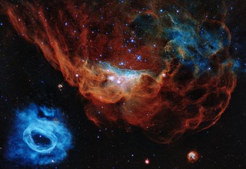 this image is one of the most photogenic examples of the many turbulent stellar nurseries the nasaesa hubble space telescope has observed during its 30 year lifetime the portrait features the giant nebula ngc 2014 and its neighbour ngc 2020 which together form part of a vast star forming region in the large magellanic cloud, a satellite galaxy of the milky way, approximately 163 000 light years away
