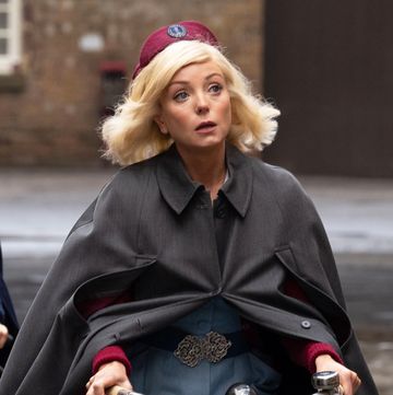 helen george as trixie franklin riding a bike, call the midwife season 13