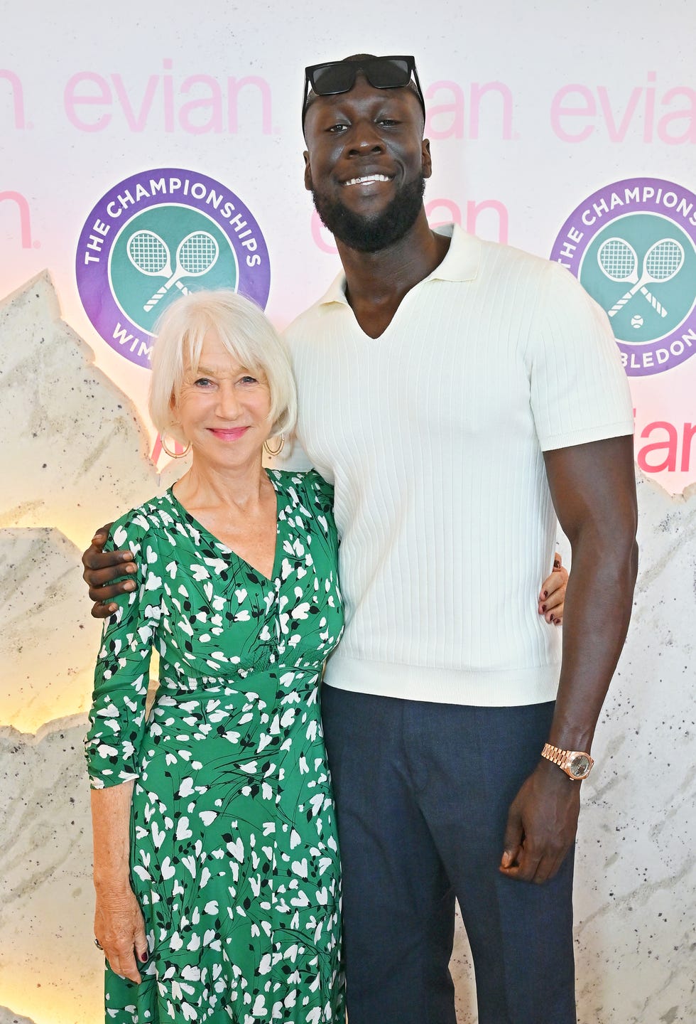 london, england july 13: dame helen mirren and stormzy attend the evian 'mountain of youth' vip suite during day 14 of wimbledon 2025 on july 13, 2025 in london, england.photo by dave benett