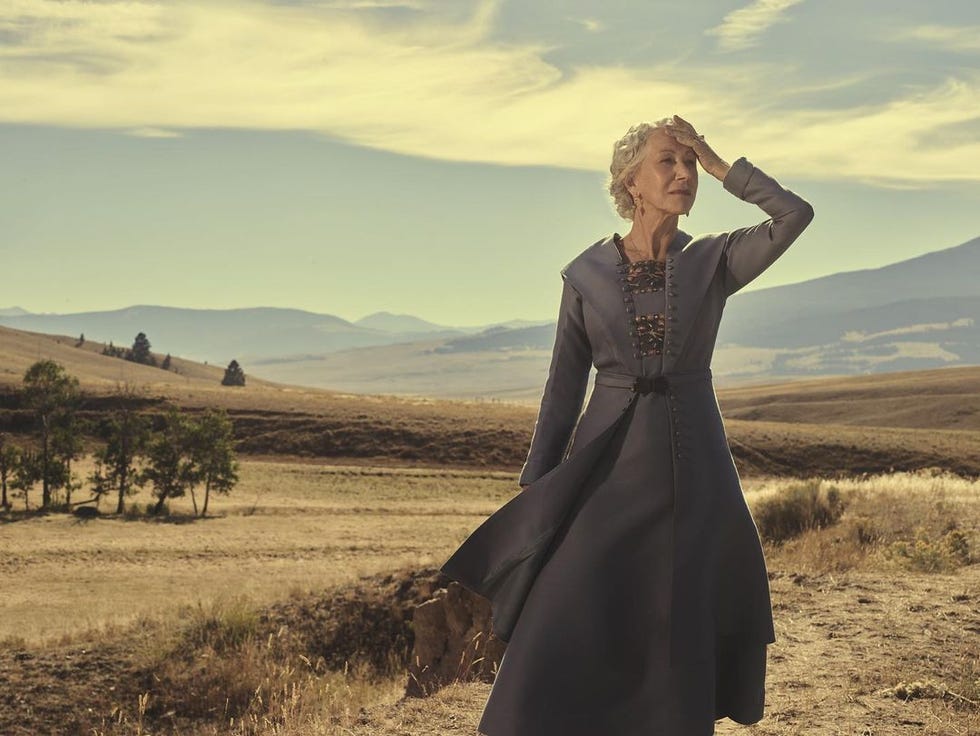 helen mirren looking out over the countryside in yellowstone 1923
